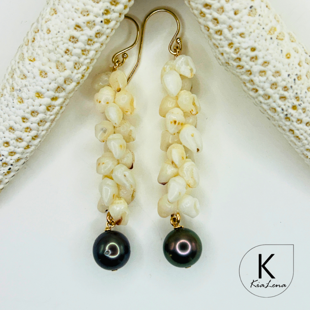 Pikake Style Ni'ihau Shell and Tahitian Pearl Earrings