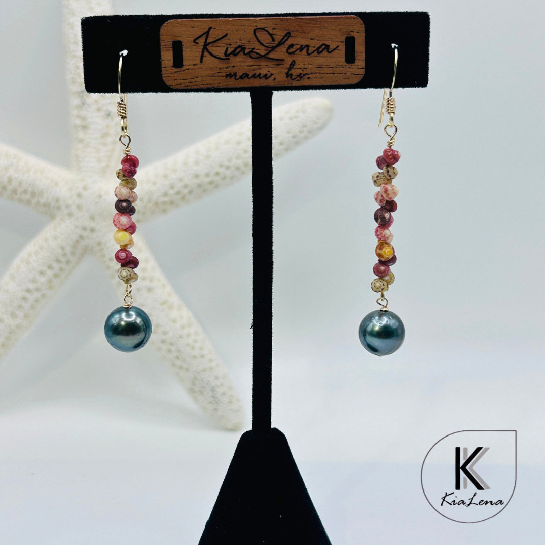 Ni'ihau 2" Shell and Tahitian Pearl Earrings
