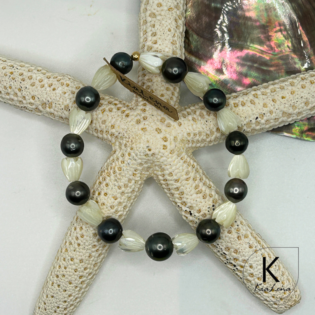 Tahitian Pearl and Pikake Bracelet