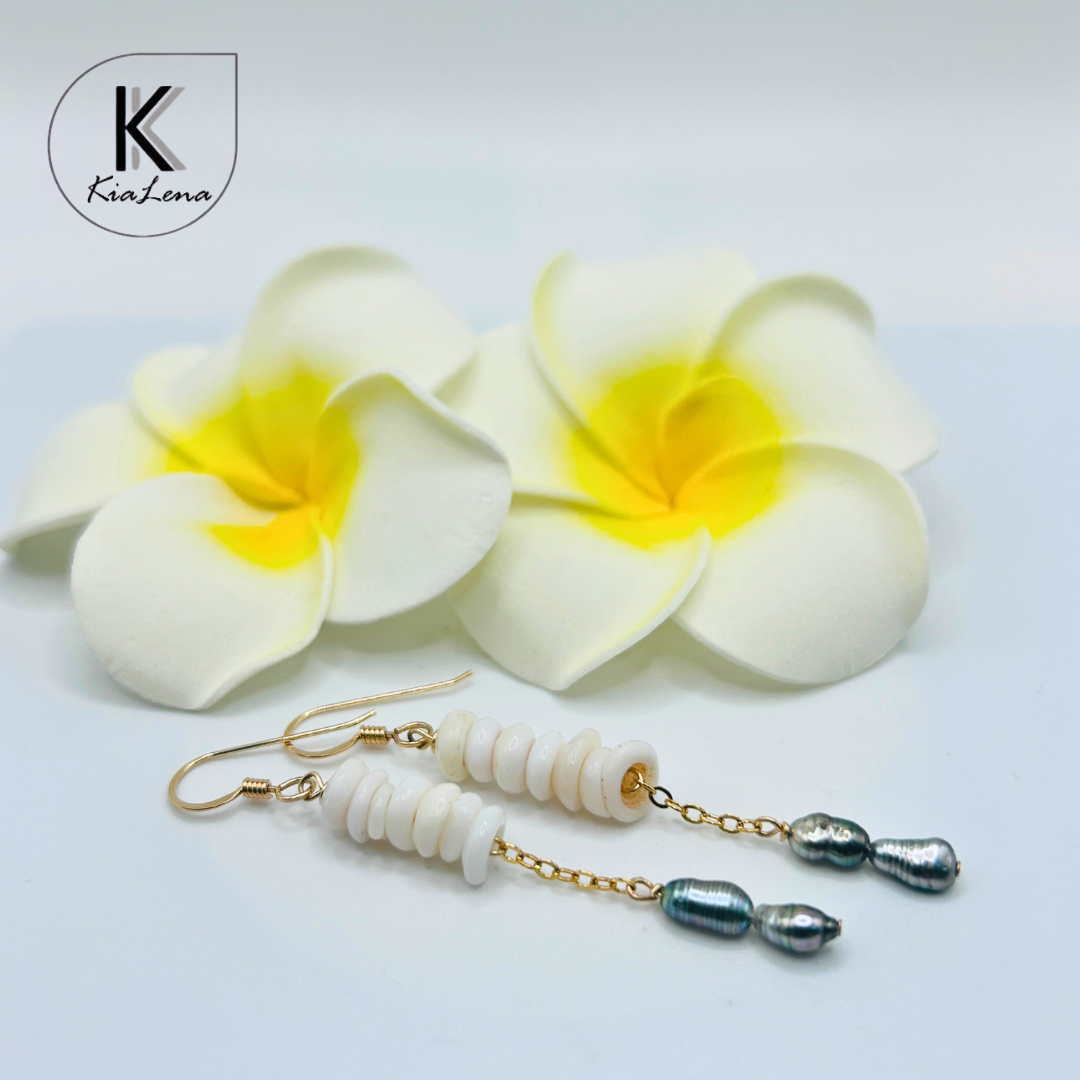 Tahitian Double Keshi Pearl with Puka Shells Dangle Earrings