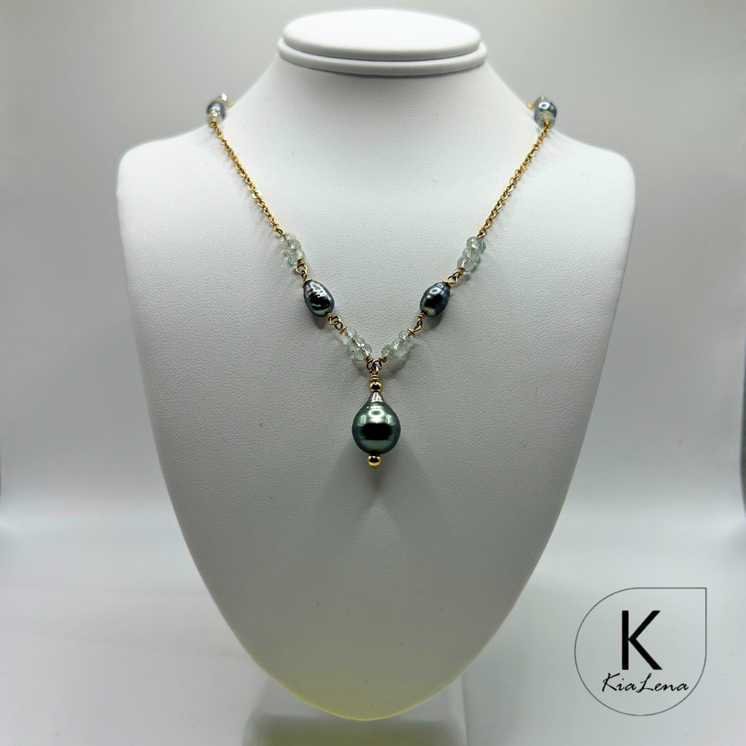 18" to 19 1/2" Tear Drop Tahitian Pearl & Aquamarine Necklace