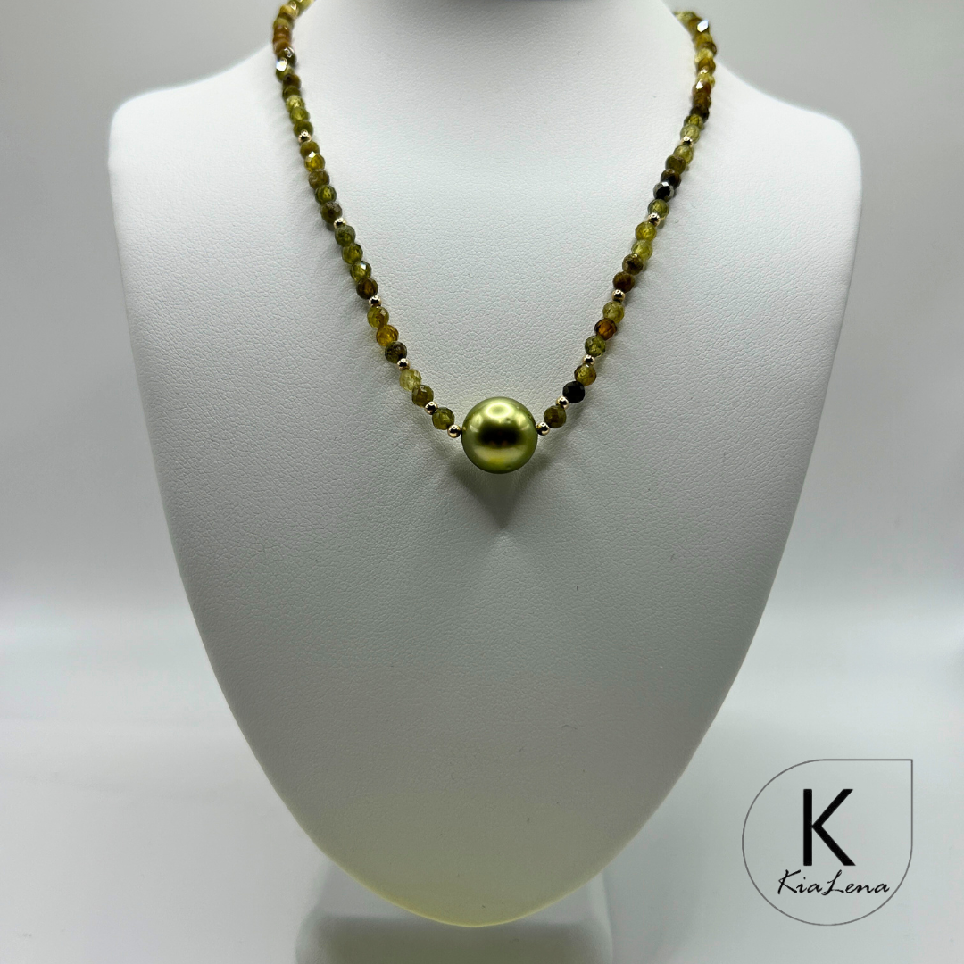 16 3/4" to 18 1/2" Pistachio Tahitian Pearl & Green Garnet Necklace