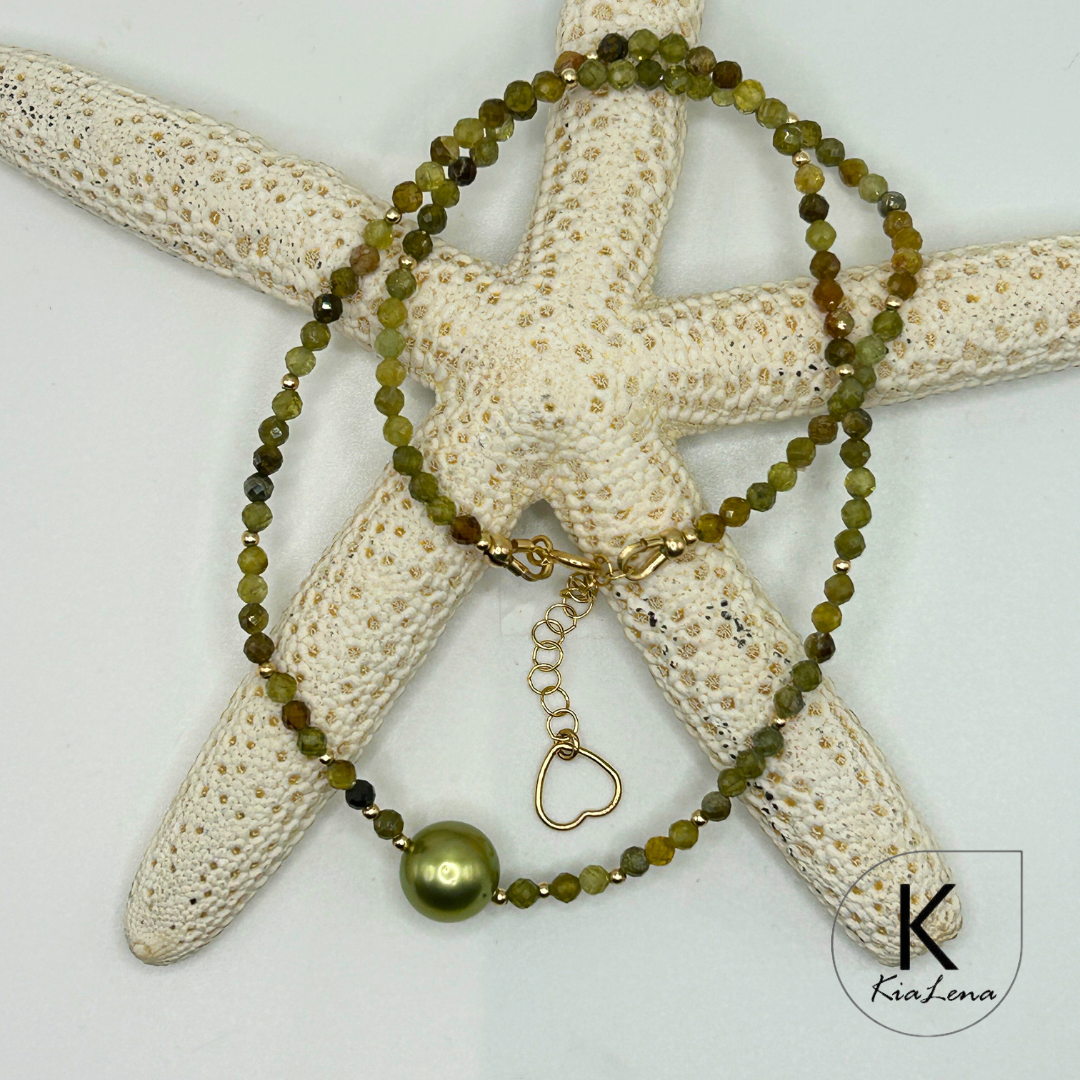16 3/4" to 18 1/2" Pistachio Tahitian Pearl & Green Garnet Necklace