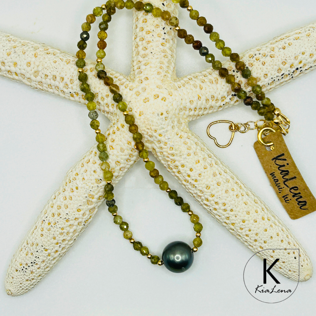Solitaire Tahitian Pearl with Green Garnet Necklace
