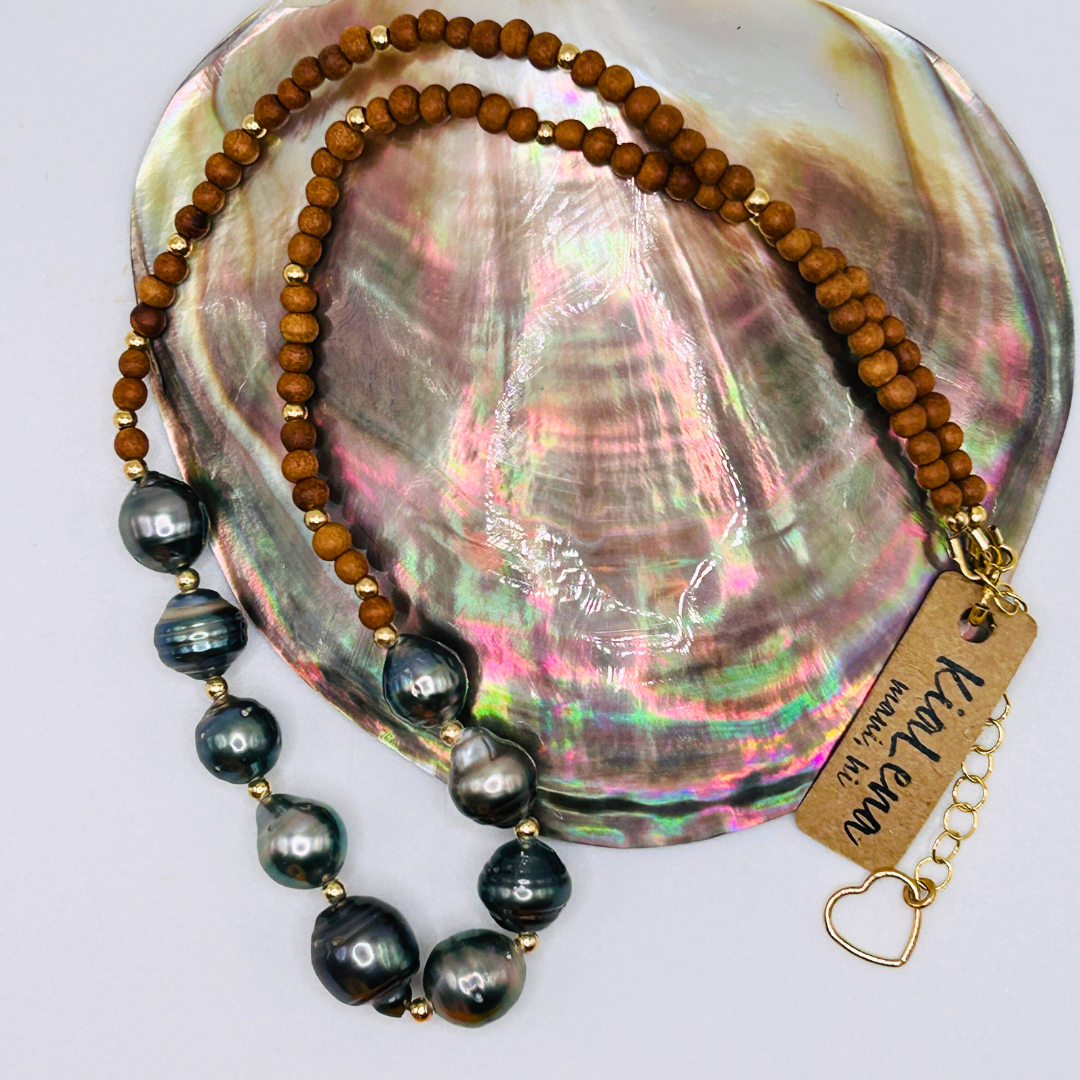 15 1/2"to 17 1/2"Tahitian Pearl with Sandalwood Necklace