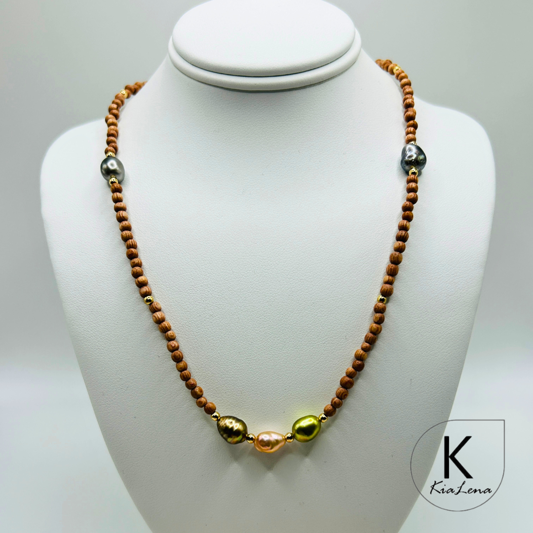 16 3/4"to 18 3/7"Tahitian Keshi Pearl with Sandalwood Necklace