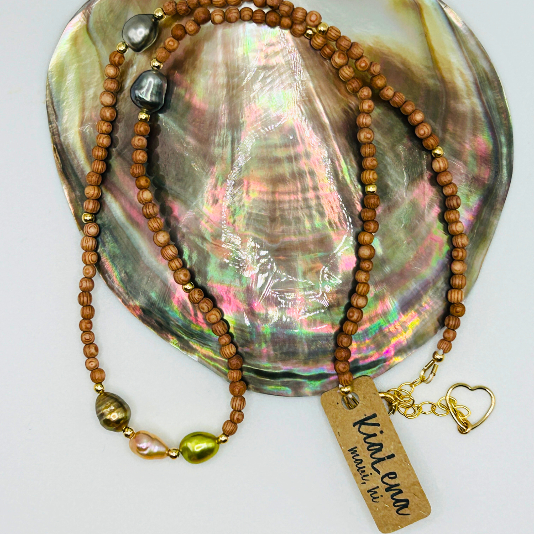 16 3/4"to 18 3/7"Tahitian Keshi Pearl with Sandalwood Necklace