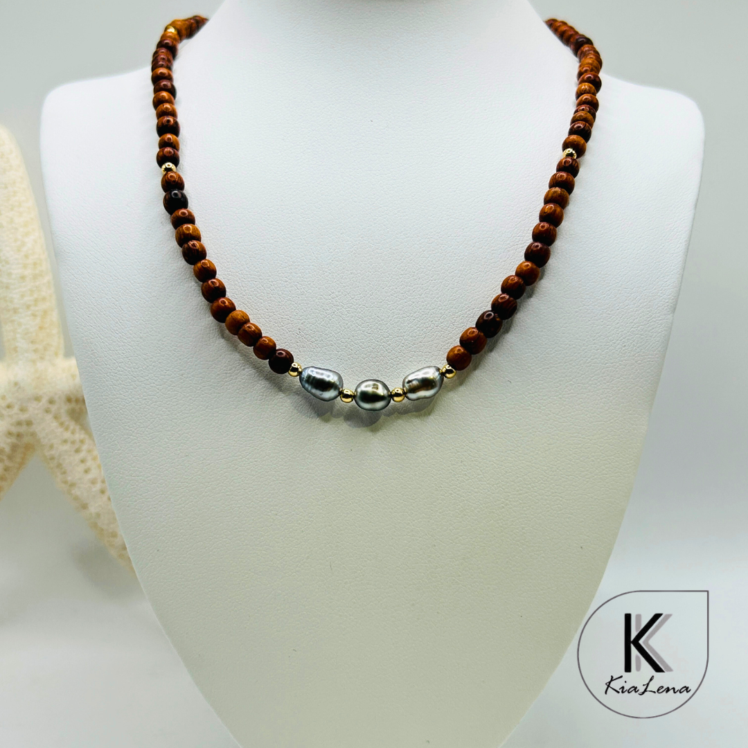 Triple Tahitian Keshi Pearl with Sandalwood Necklace