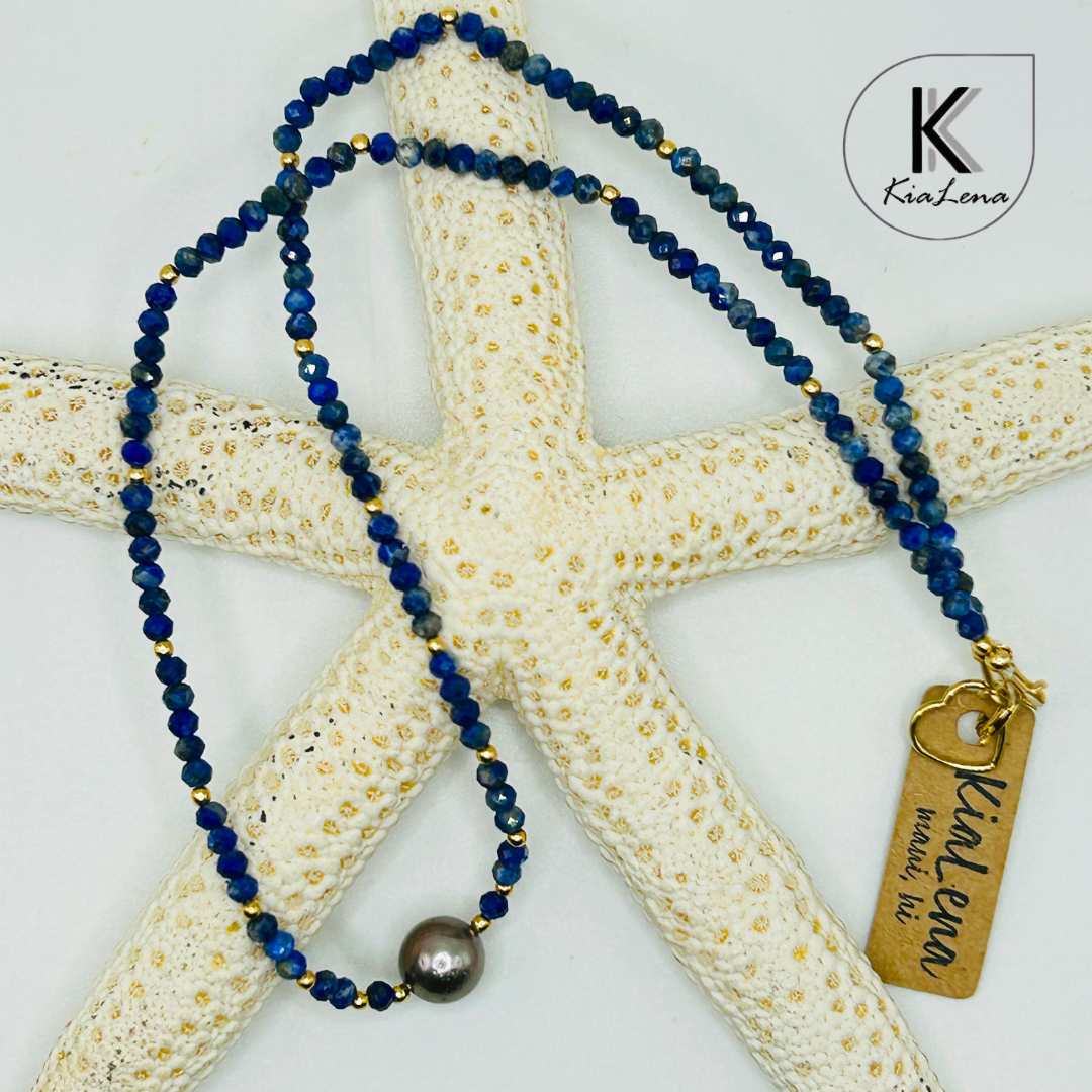 16 1/2" Tahitian Pearl & Lapis Stone Necklace