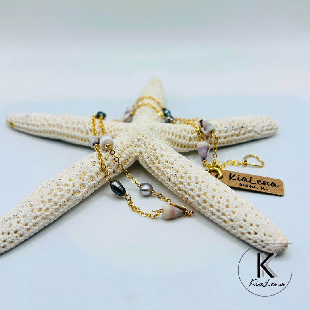 17 1/2" to 18 1/4" Tahitian Keshi and Hawaiian Dwarf Cone Shell Necklace
