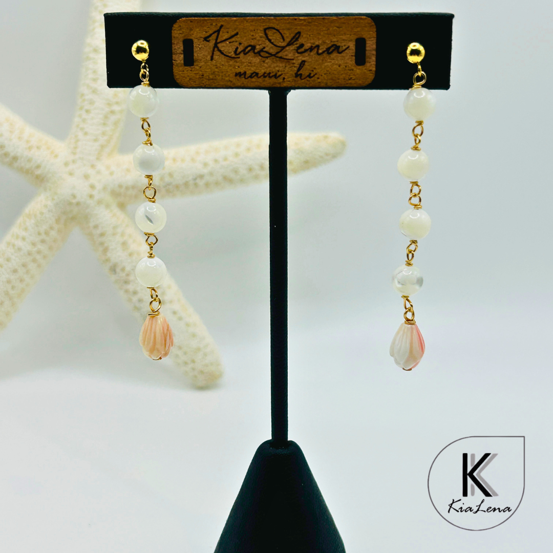 Mother of Pearl & Queen Conch Pikake Drop Earrings