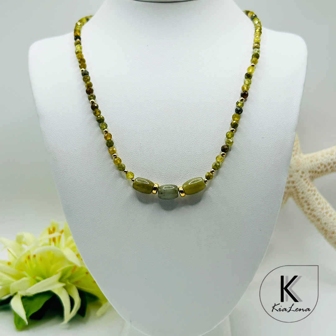 Triple Jade Stones with Green Garnet Necklace
