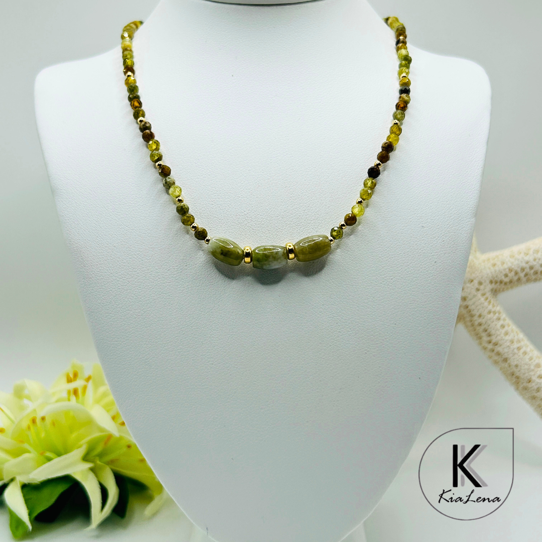 Triple Jade Stones with Green Garnet Necklace