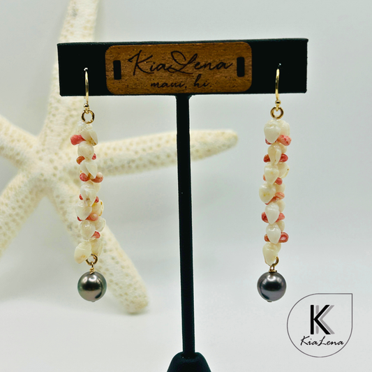 Ni'ihau 2 1/2"Shell and Tahitian Pearl Earrings