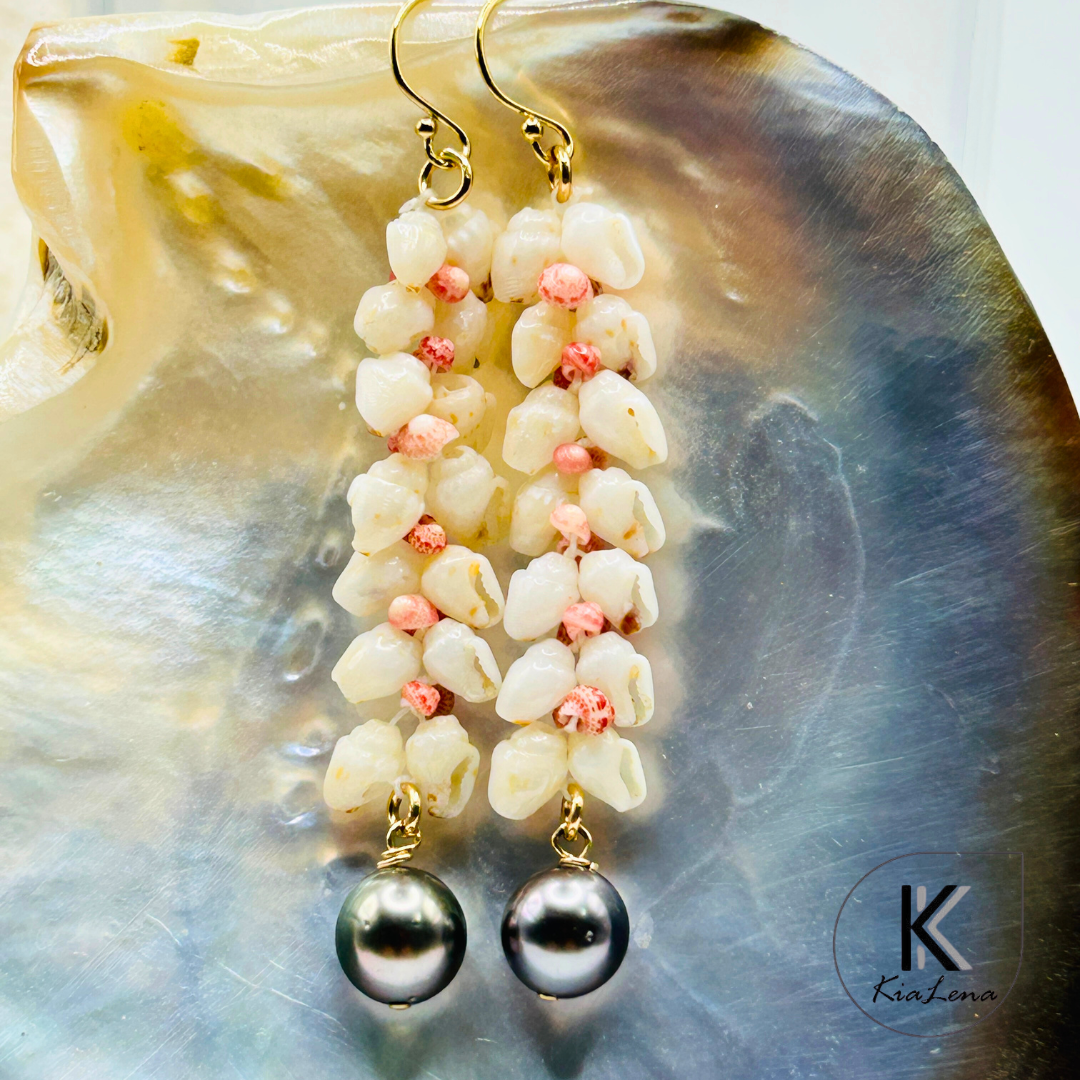Ni'ihau 2 1/2"Shell and Tahitian Pearl Earrings