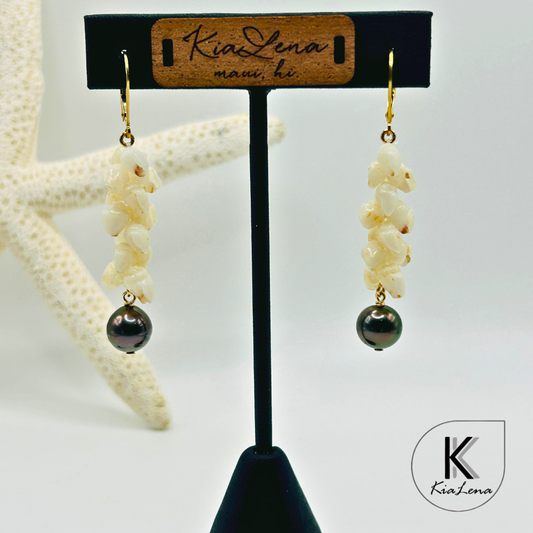Ni'ihau 2 1/2"Shell and Tahitian Pearl Earrings
