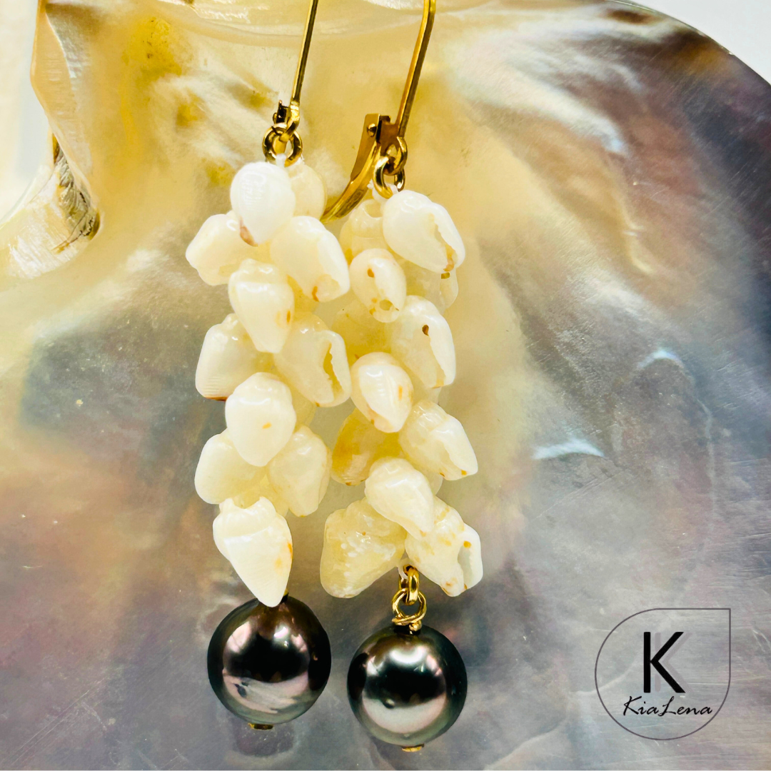 Ni'ihau 2 1/2"Shell and Tahitian Pearl Earrings