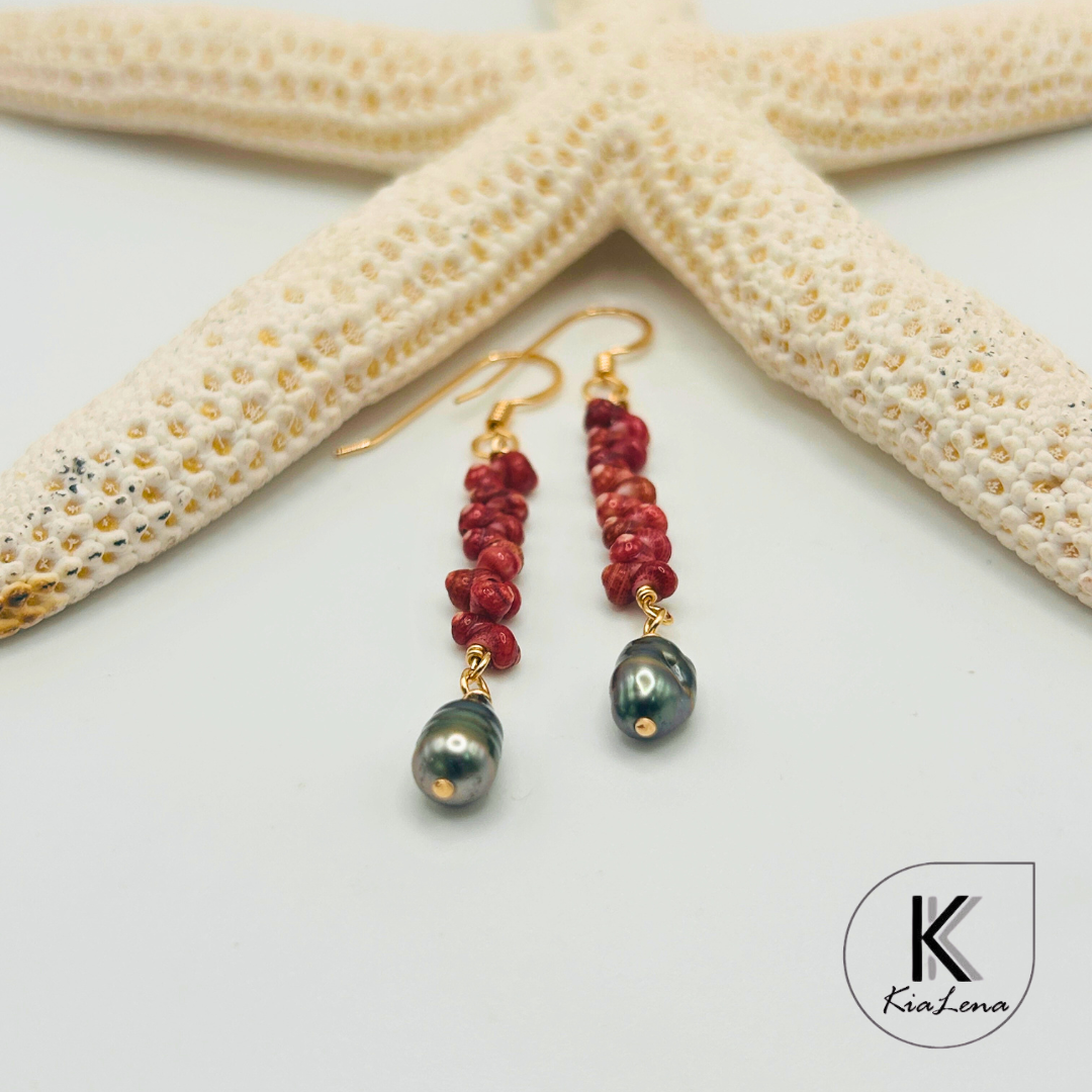 Ni'ihau 2 1/4" Shell and Tahitian Keshi Pearl Earrings