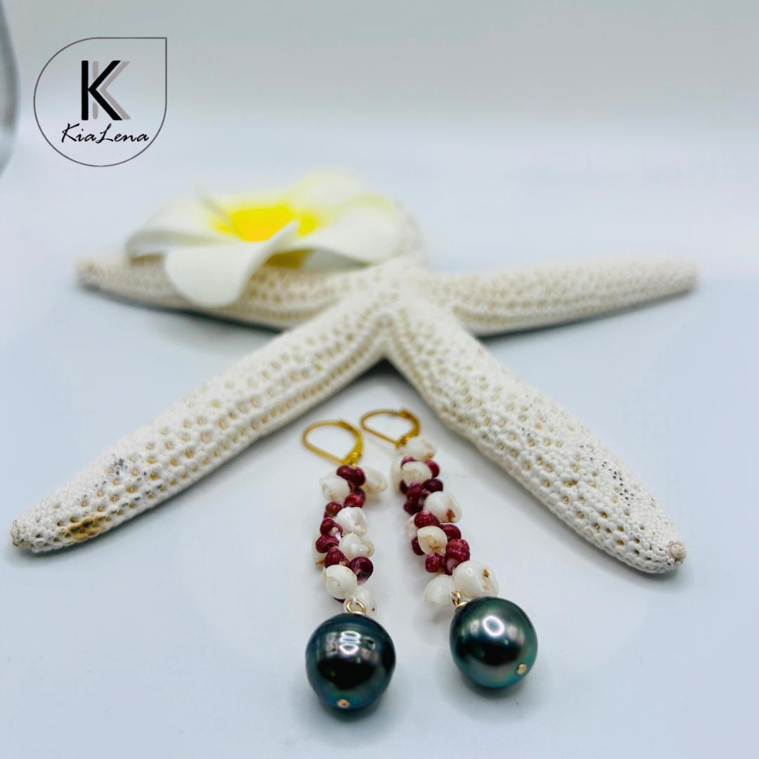 Ni'ihau 2 1/2"Shell and Tahitian Pearl Earrings