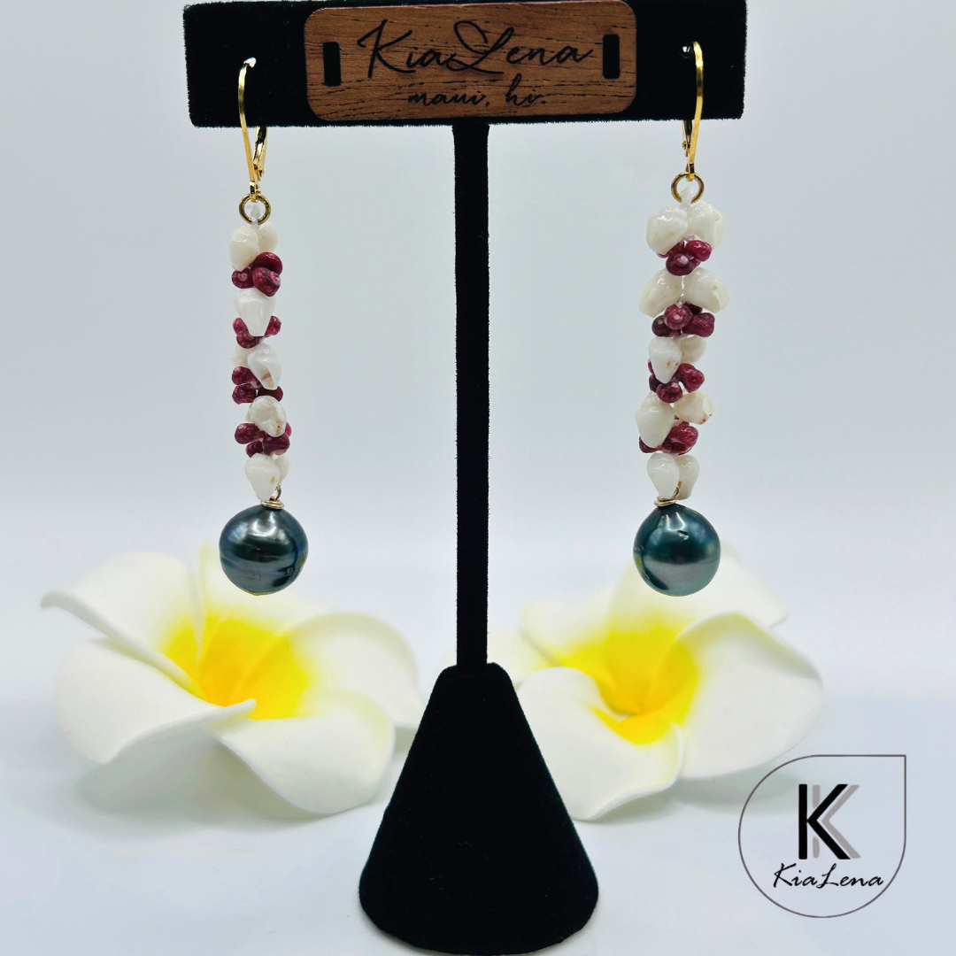Ni'ihau 2 1/2"Shell and Tahitian Pearl Earrings