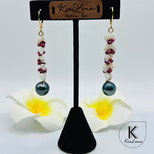 Ni'ihau 2 1/2"Shell and Tahitian Pearl Earrings
