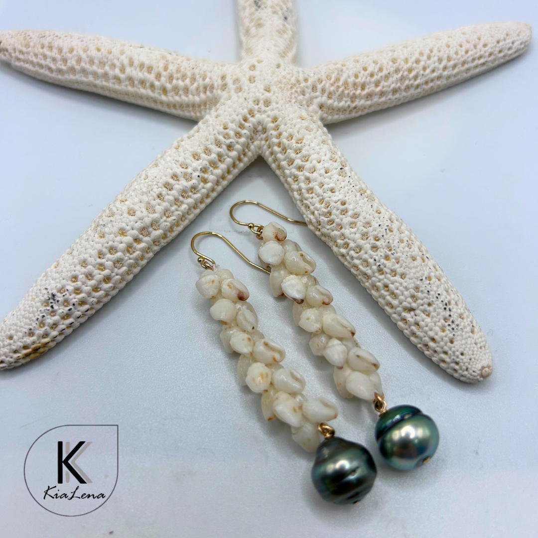 Pikake Style Ni'ihau Shell and Tahitian Pearl Earrings