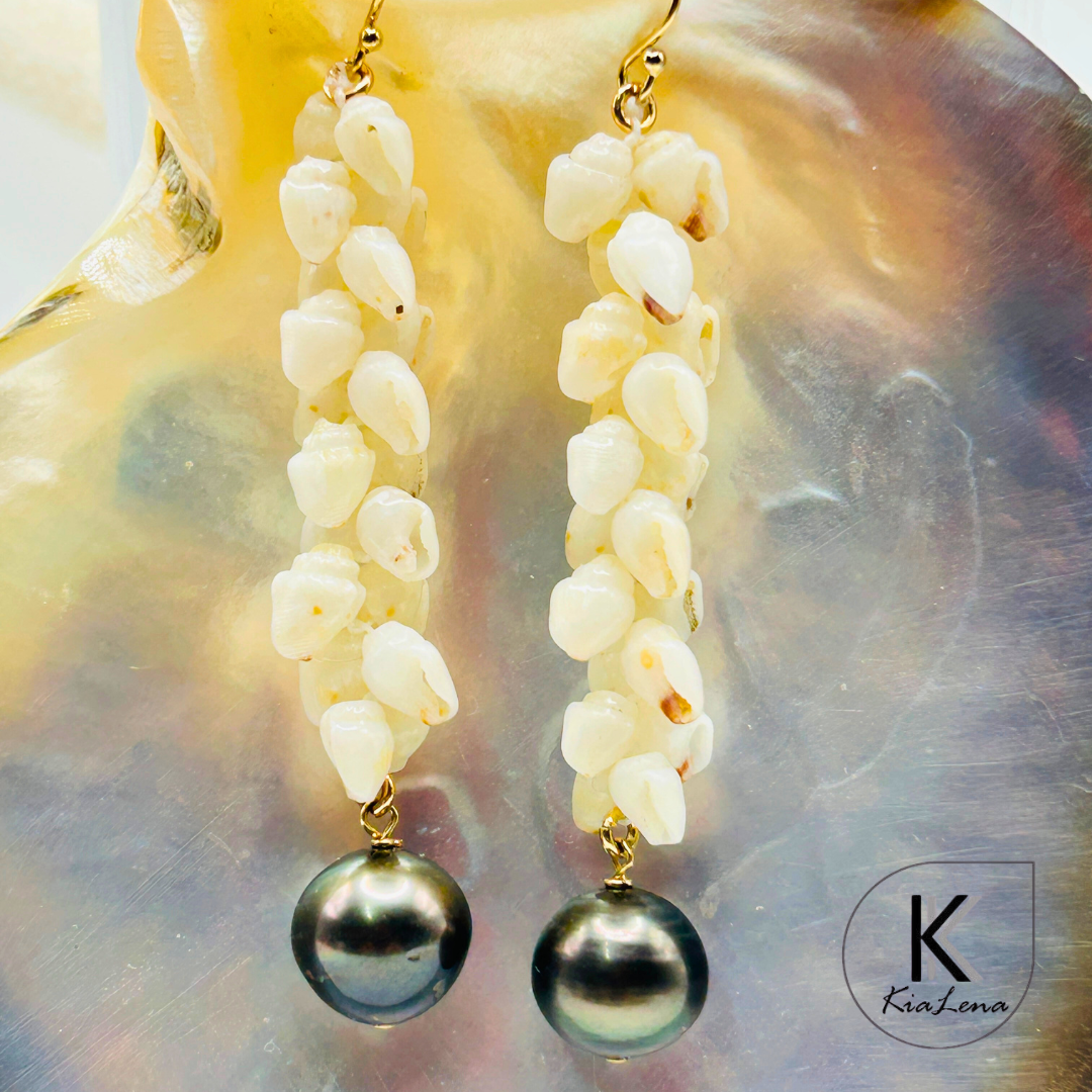 Pikake Style Ni'ihau Shell and Tahitian Pearl Earrings
