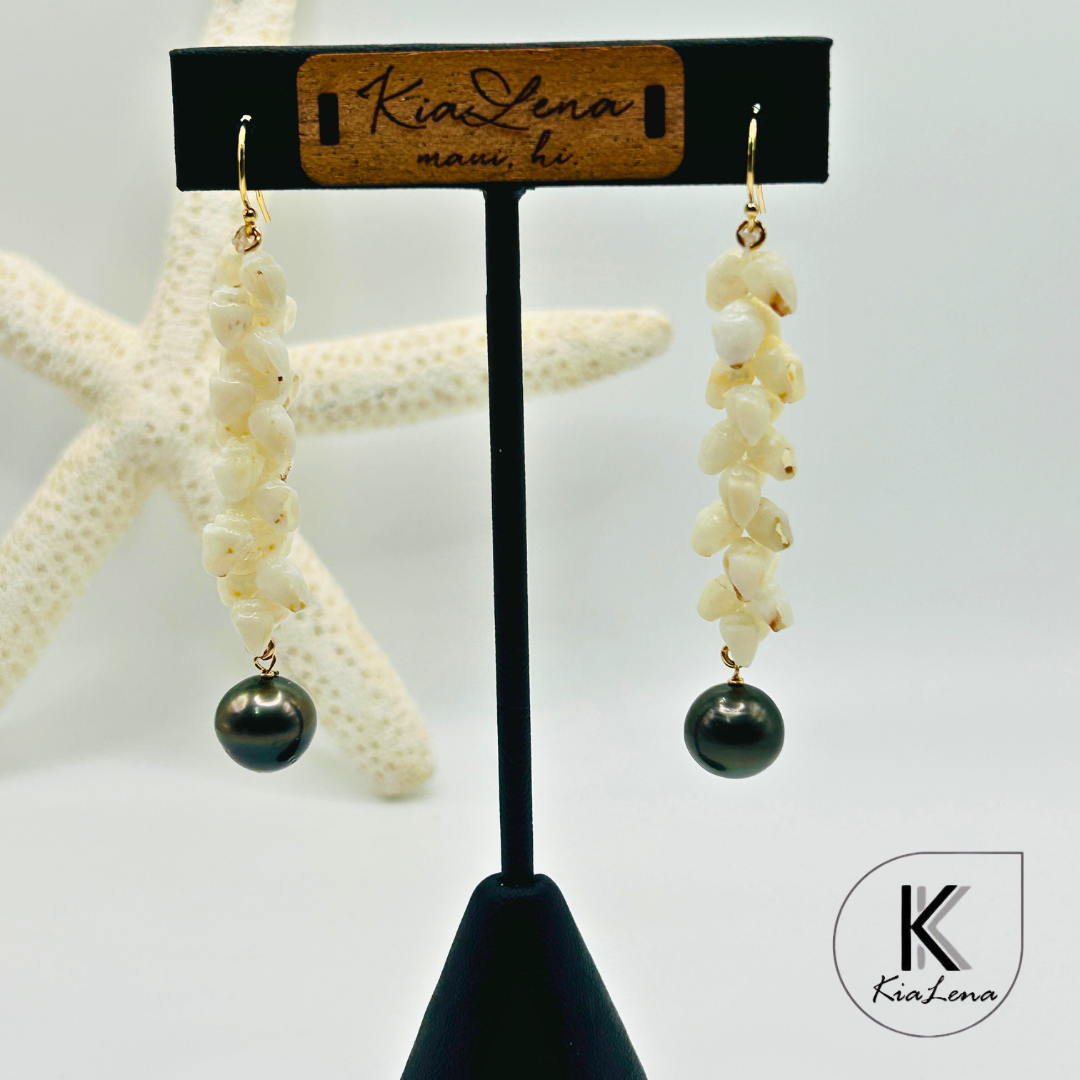 Ni'ihau 2"Shell and Tahitian Pearl Earrings