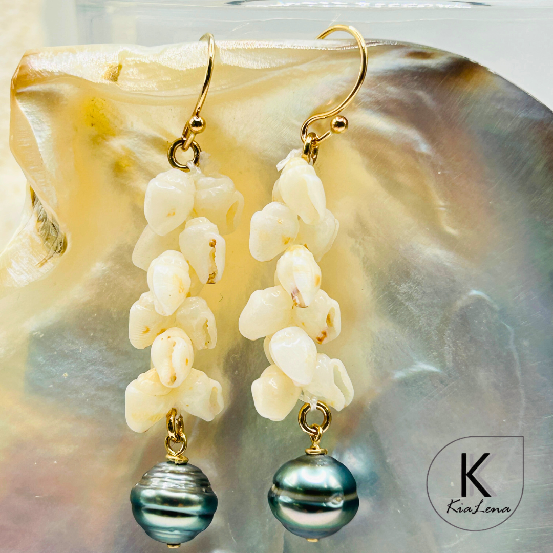 Pikake Style Ni'ihau Shell and Tahitian Pearl Earrings