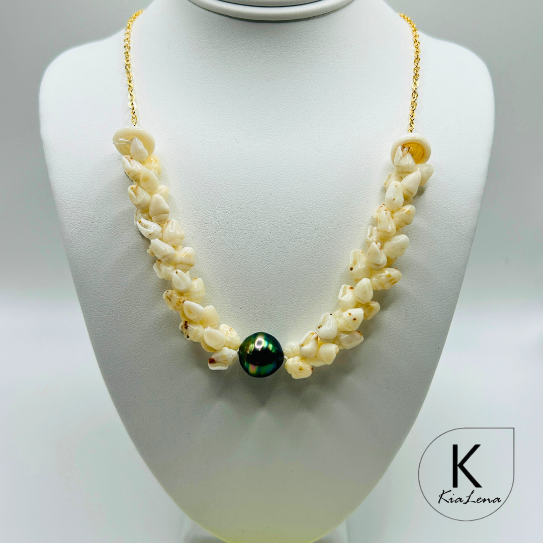 Pikake Style Ni'ihau Shell with Tahitian Pearl Necklace