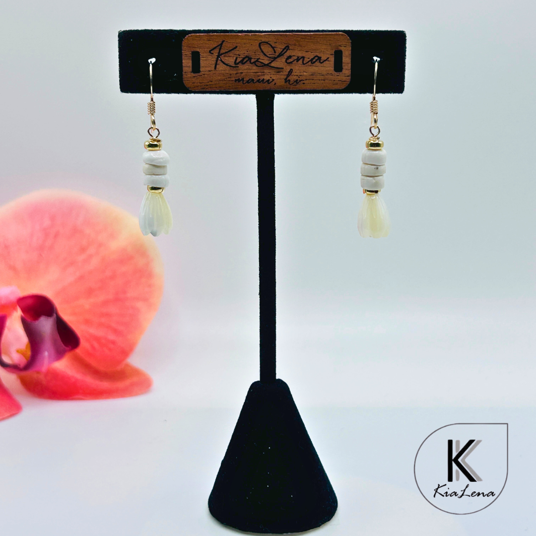 1 1/2" Ni'ihau Puka Shell Hoop and Mother of Pearl Pikake Earrings