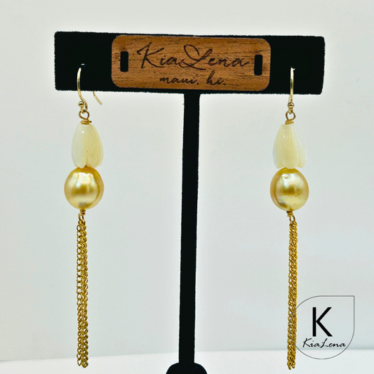 South Sea Pearl Drop Earrings with Gold Trim