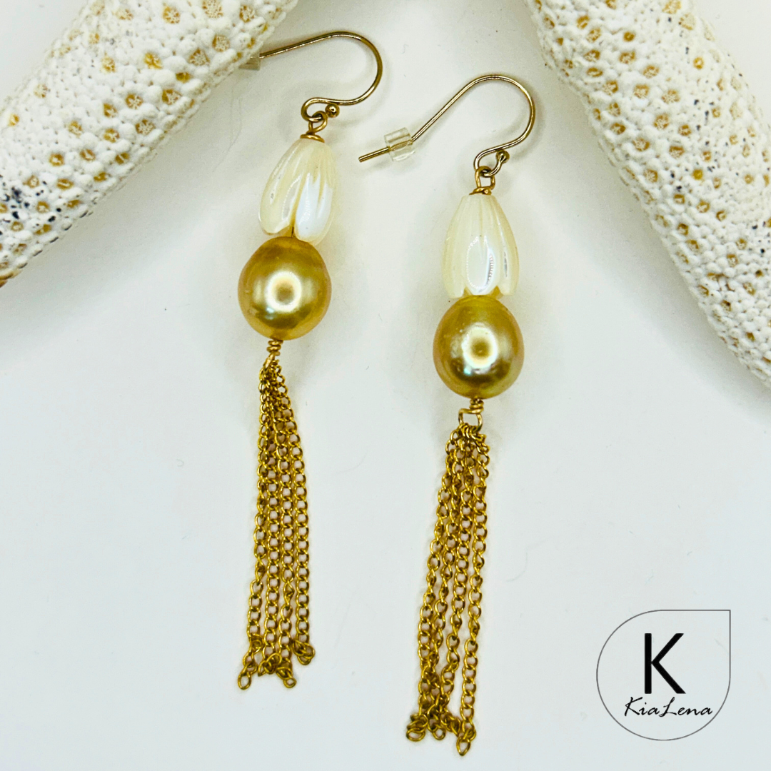 South Sea Pearl Drop Earrings with Gold Trim