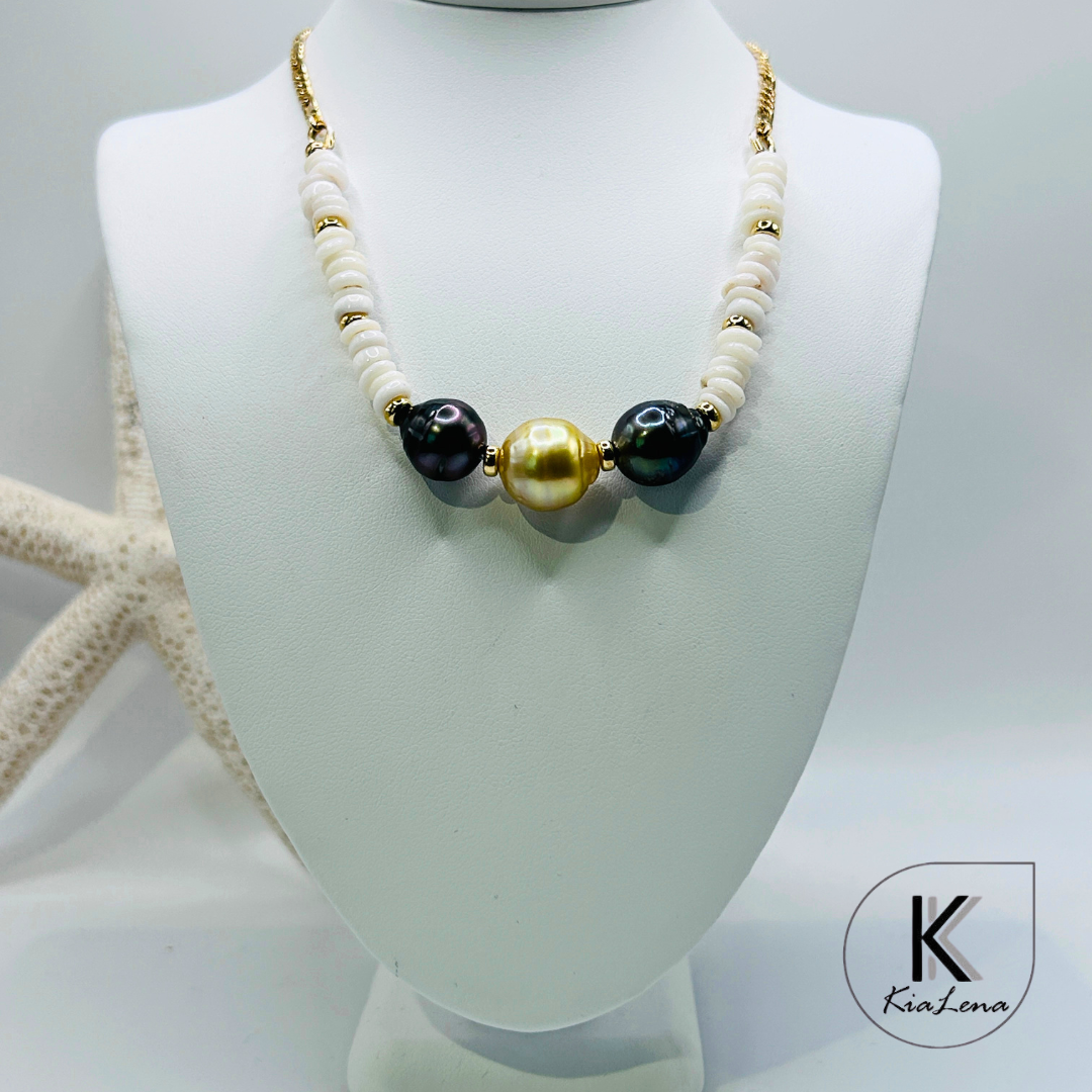 19 1/2" Ni'ihau Puka Shell Necklace with South Sea and Tahitian Pearls