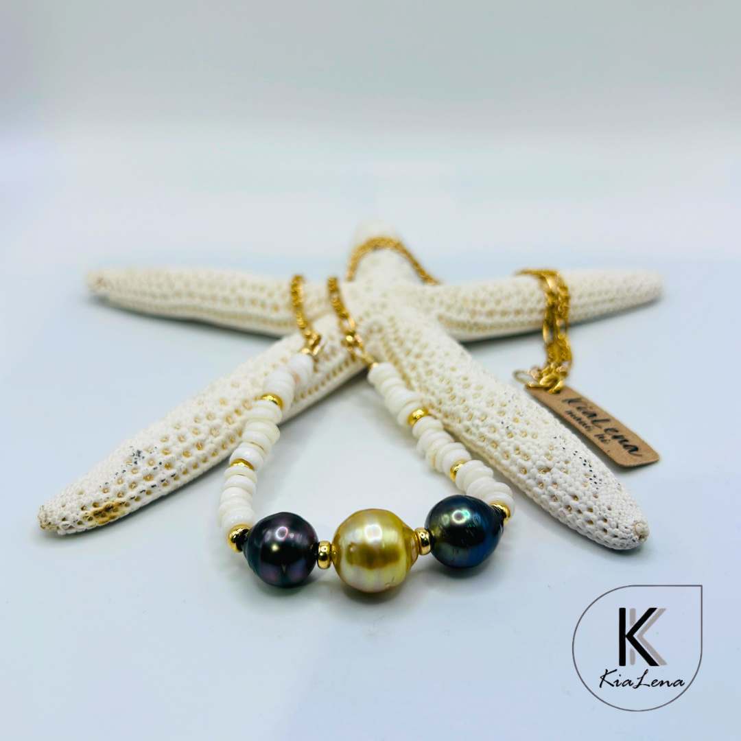 19 1/2" Ni'ihau Puka Shell Necklace with South Sea and Tahitian Pearls
