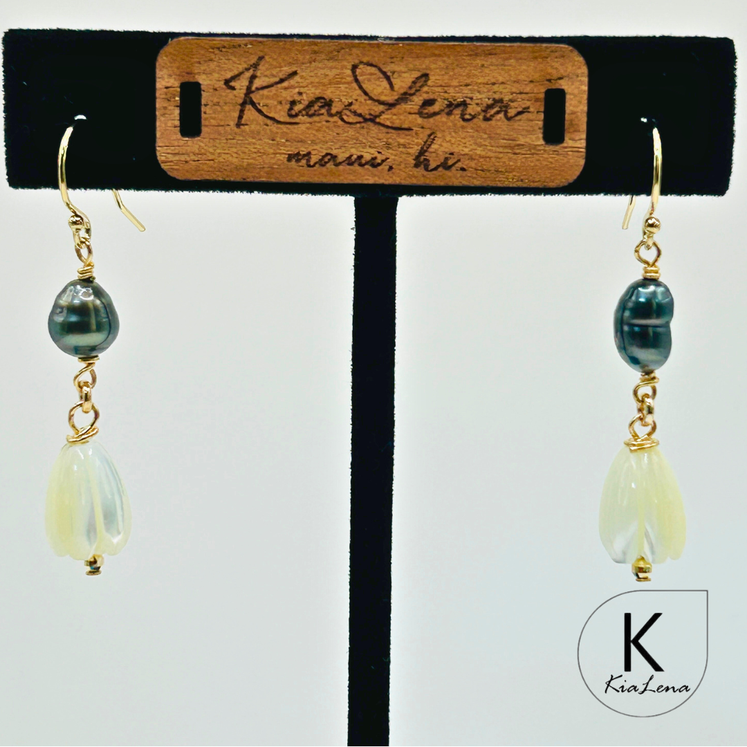 Tahitian Keshi Pearl with Pikake Drop Earrings