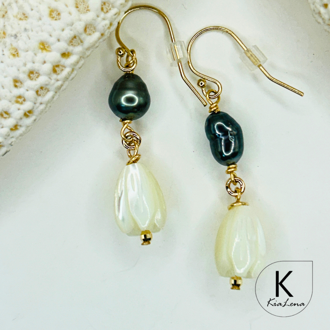 Tahitian Keshi Pearl with Pikake Drop Earrings