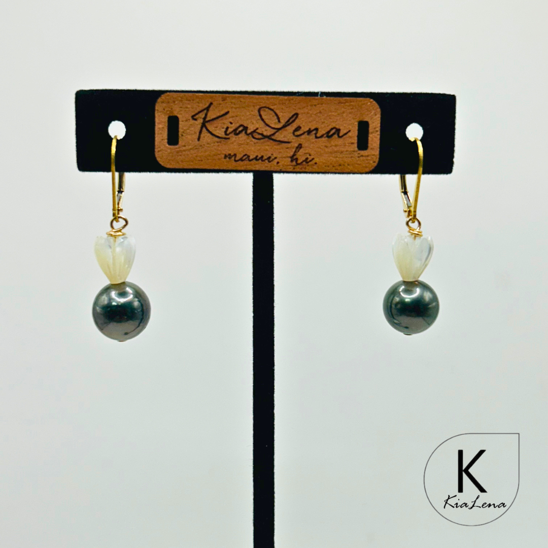 Tahitian Pearl and Pikake Earrings