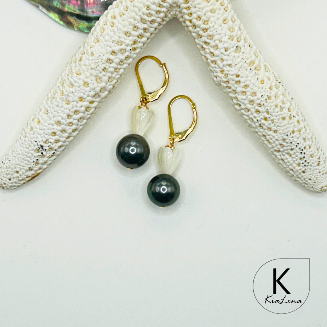 Tahitian Pearl and Pikake Earrings