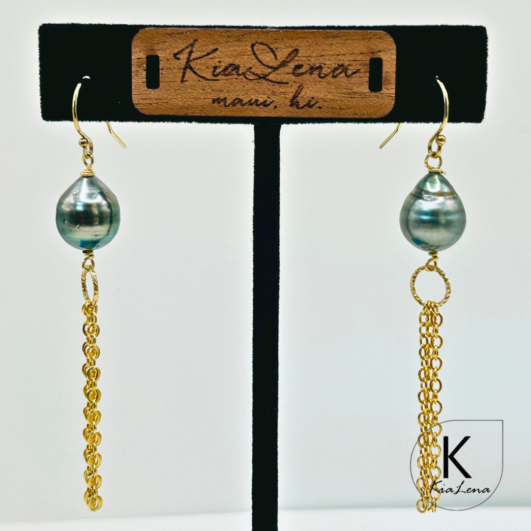 Tahitian Pearl Drop Earrings with Gold Trim