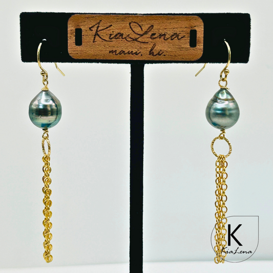 Tahitian Pearl Drop Earrings with Gold Trim