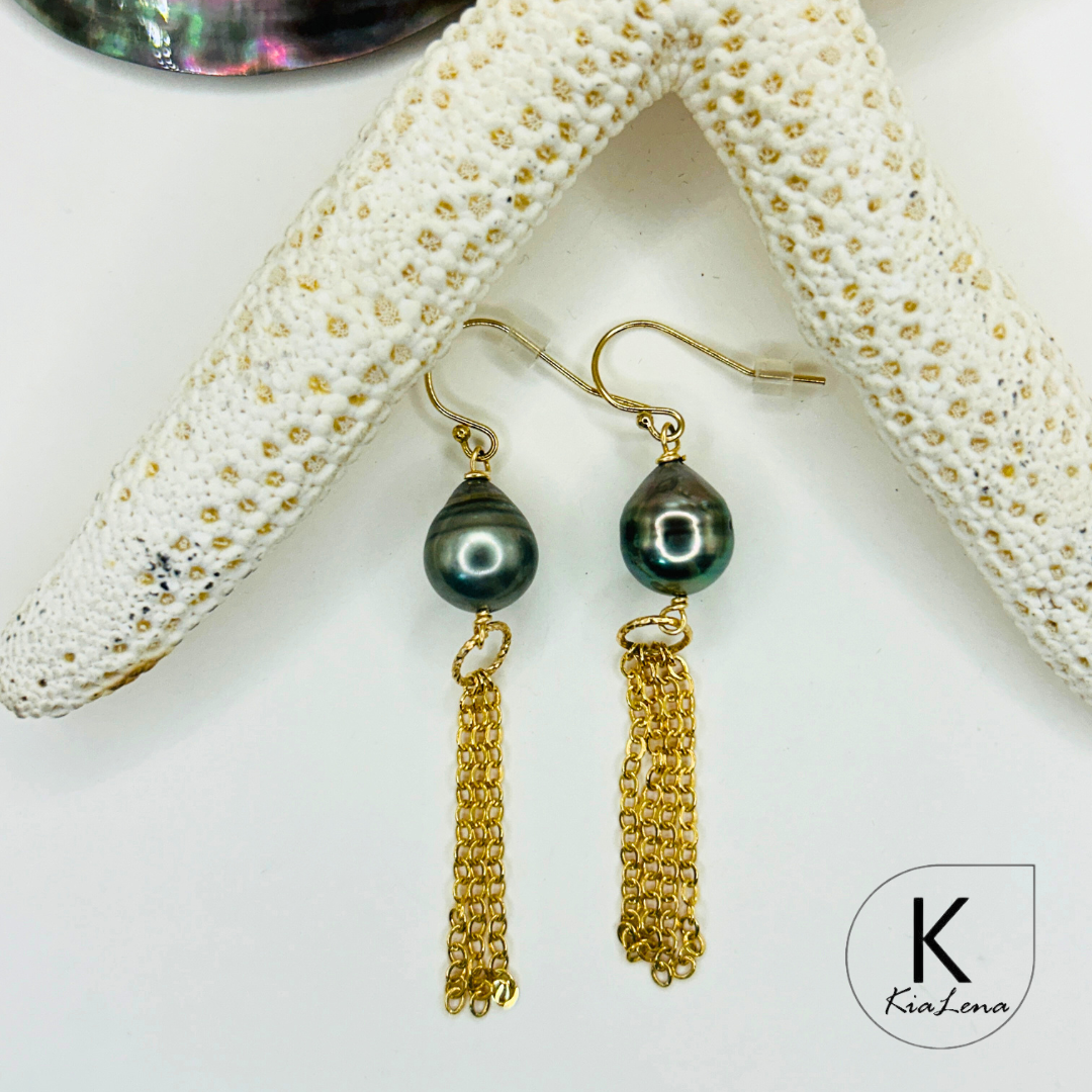 Tahitian Pearl Drop Earrings with Gold Trim