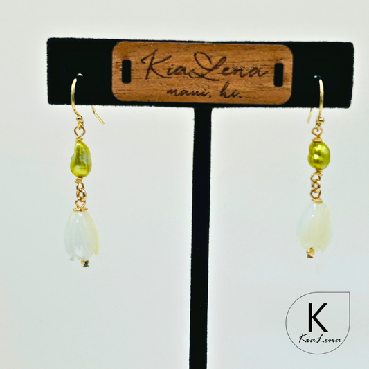 Pistachio Tahitian Keshi Pearl Drop Earrings