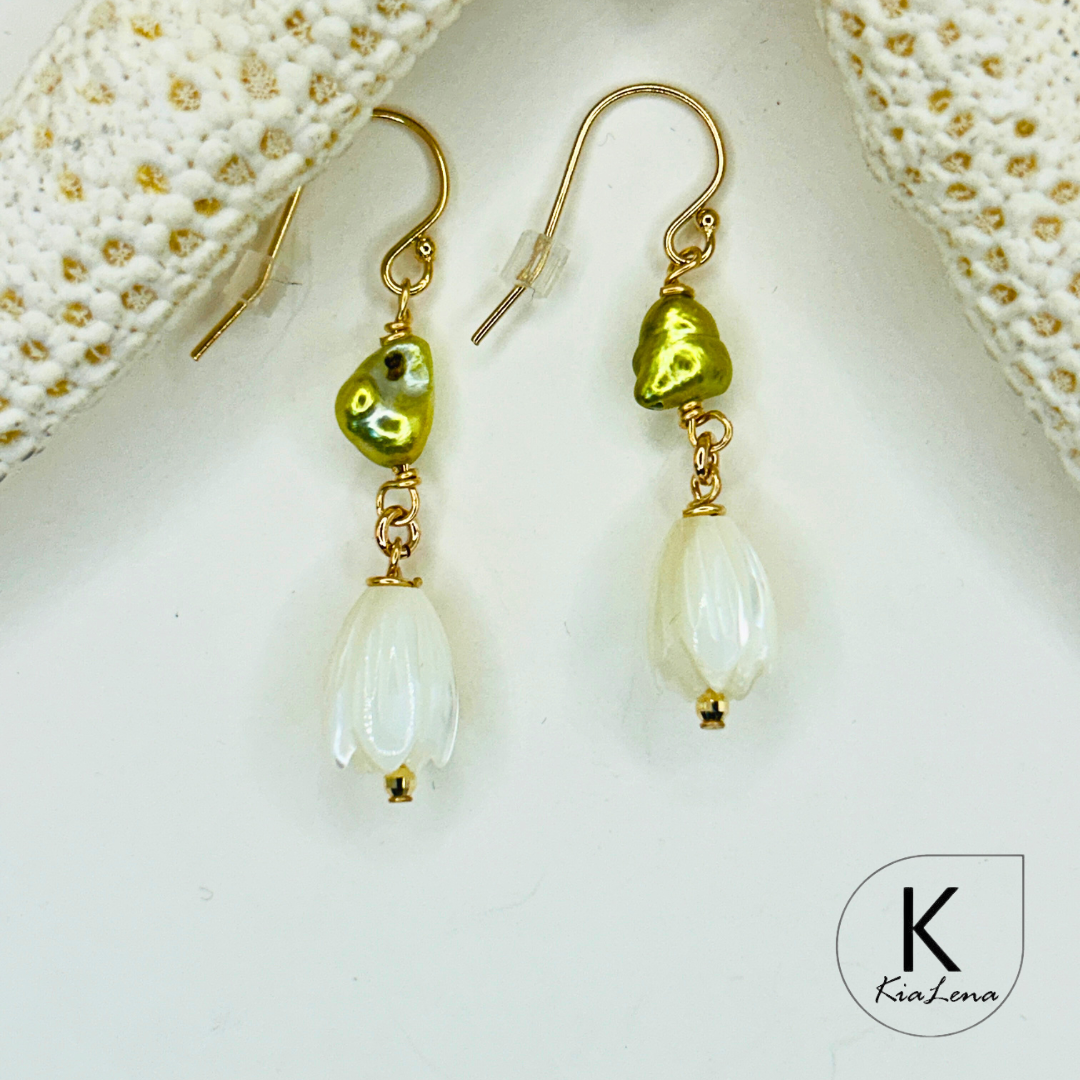 Pistachio Tahitian Keshi Pearl Drop Earrings