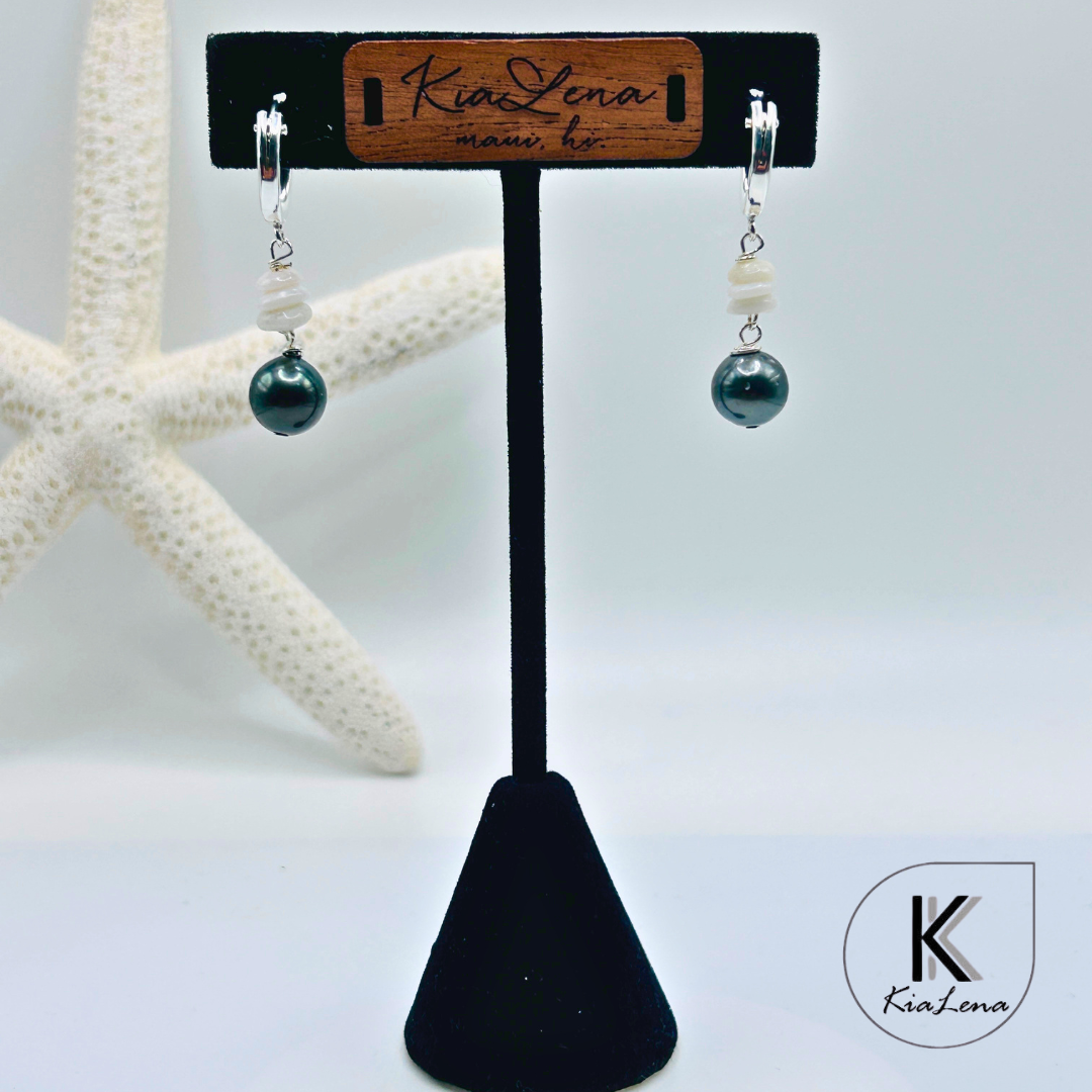 1 1/2" Tahitian Pearl with Puka Shell  Huggie Earrings