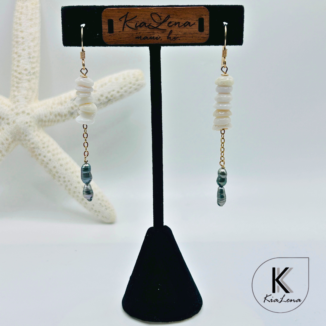 Tahitian Double Keshi Pearl with Puka Shells Dangle Earrings