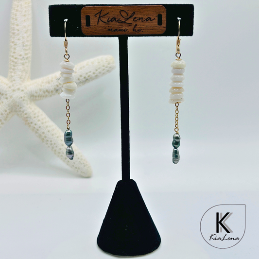 Tahitian Double Keshi Pearl with Puka Shells Dangle Earrings