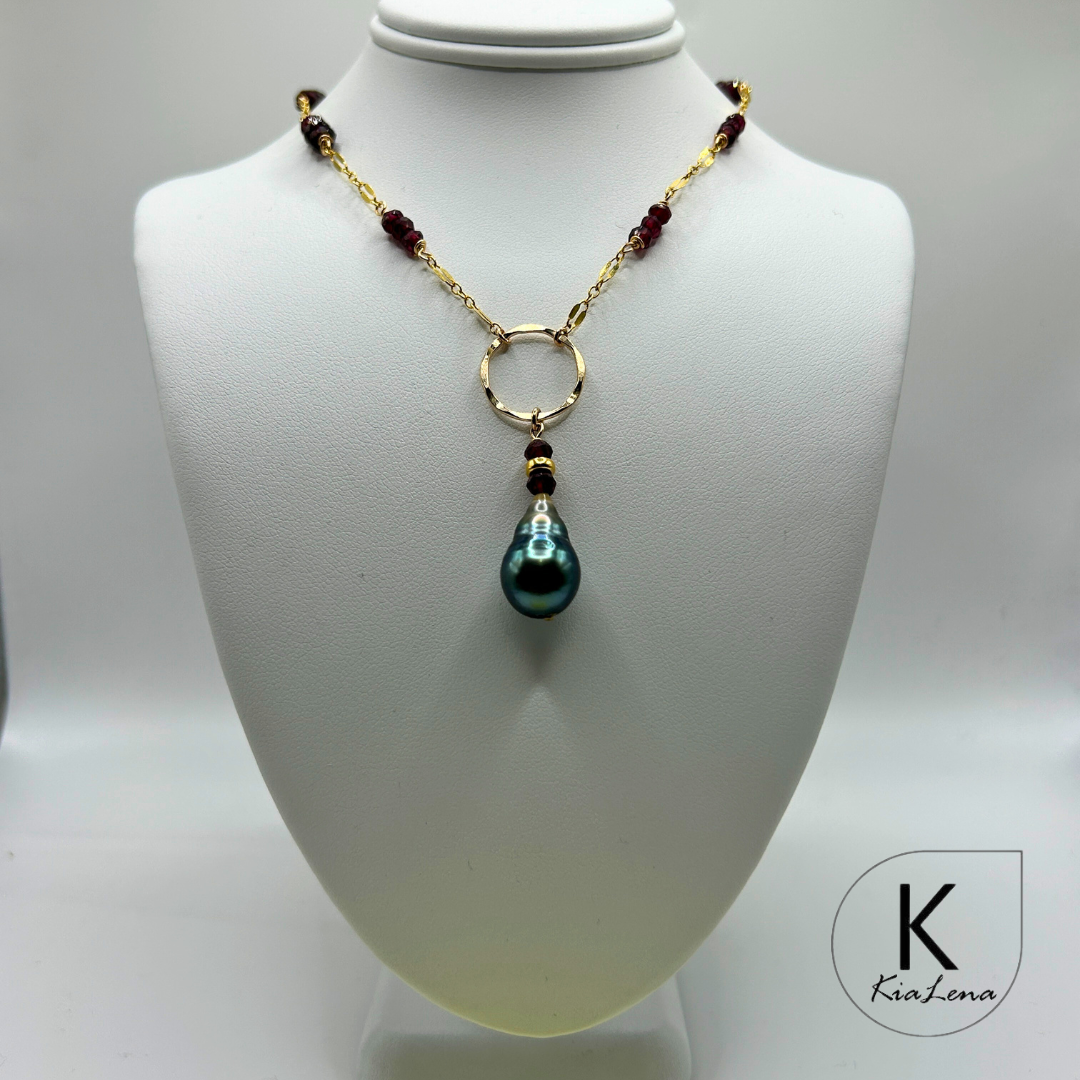 17" to 18 1/2" Tear Drop Tahitian Pearl  & Garnet Necklace