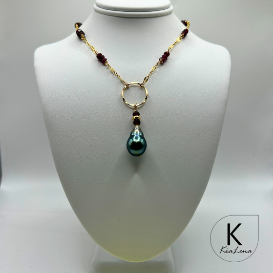 17" to 18 1/2" Tear Drop Tahitian Pearl  & Garnet Necklace