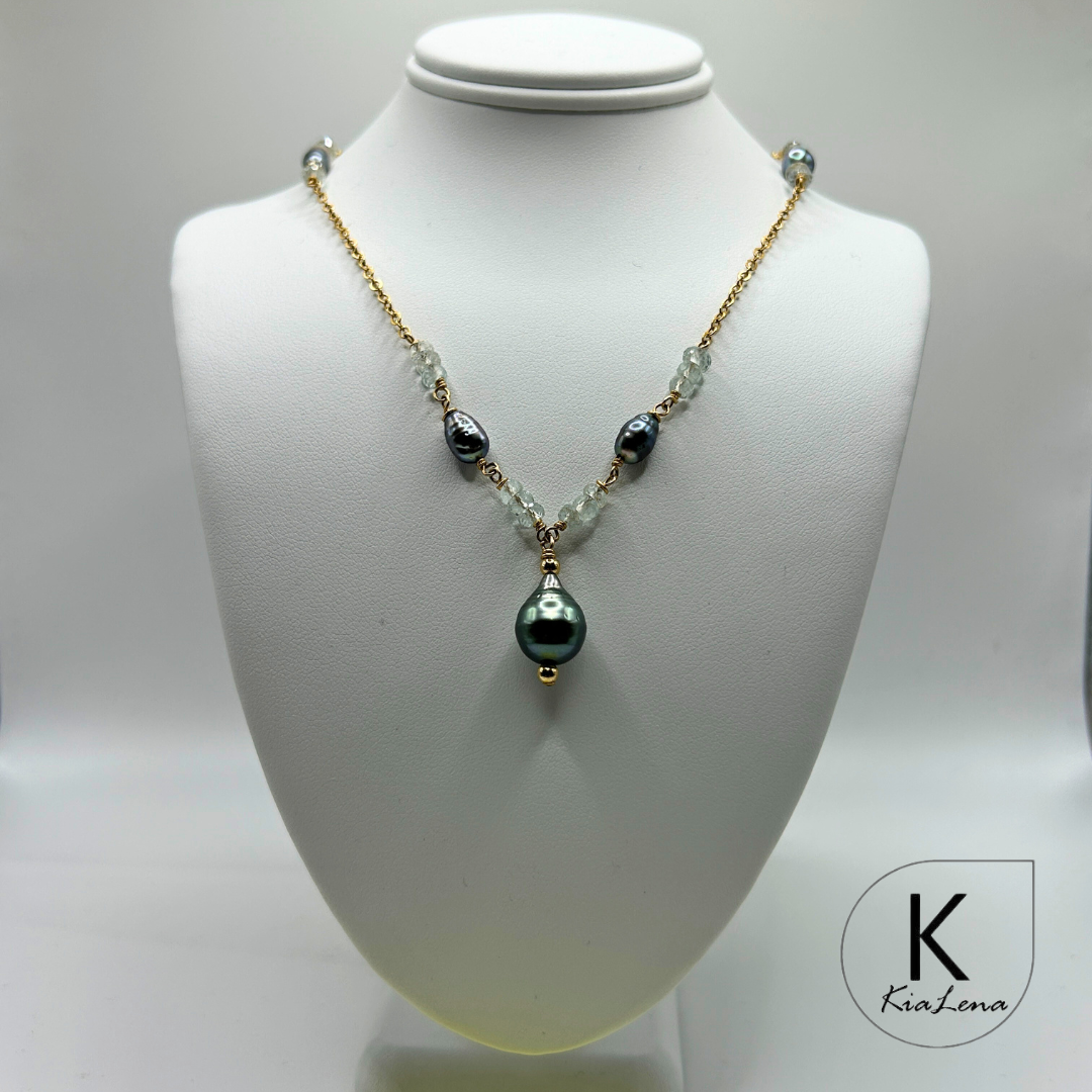 18" to 19 1/2" Tear Drop Tahitian Pearl  & Aquamarine Necklace